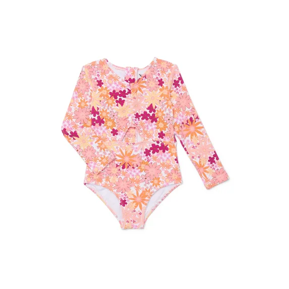 Jessica Simpson Toddler Girl One- Piece Long- Sleeve Swimsuit, Size 12M- 5T
