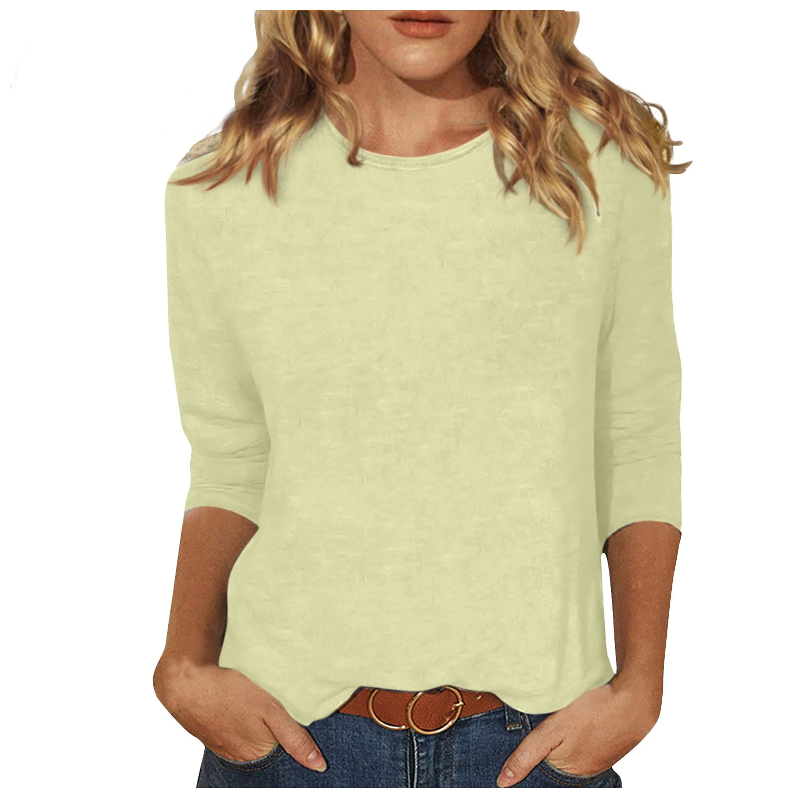 XDDLITP 3/4 Sleeve Shirts for Women Loose Fit Crewneck Dressy Casual Tops  Lightweight Solid Color Comfy Cute T Shirts Beige XL