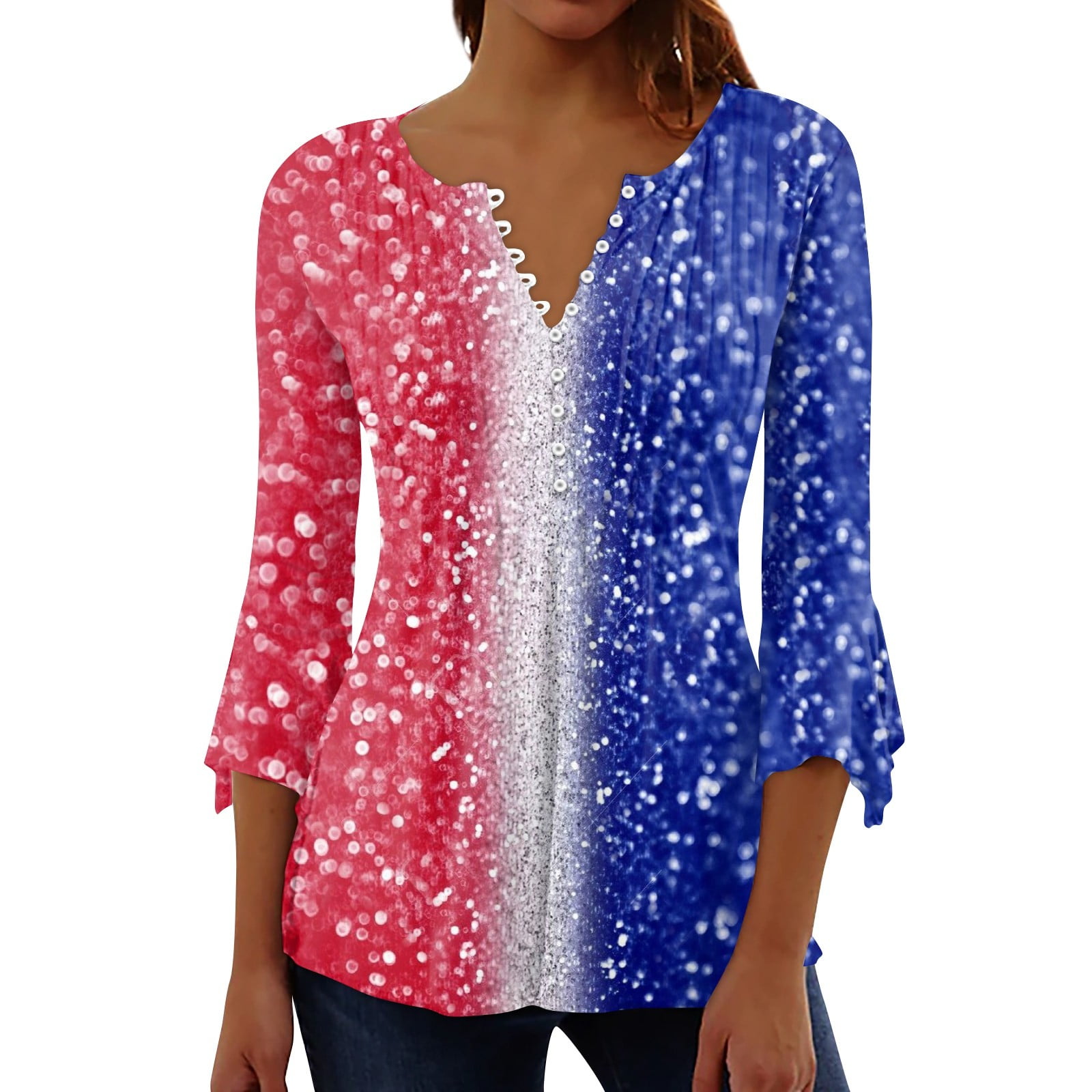XDDLITP 4th of July Womens Ruffle Short Sleeve Blouses 2024 Trendy 3/4 ...