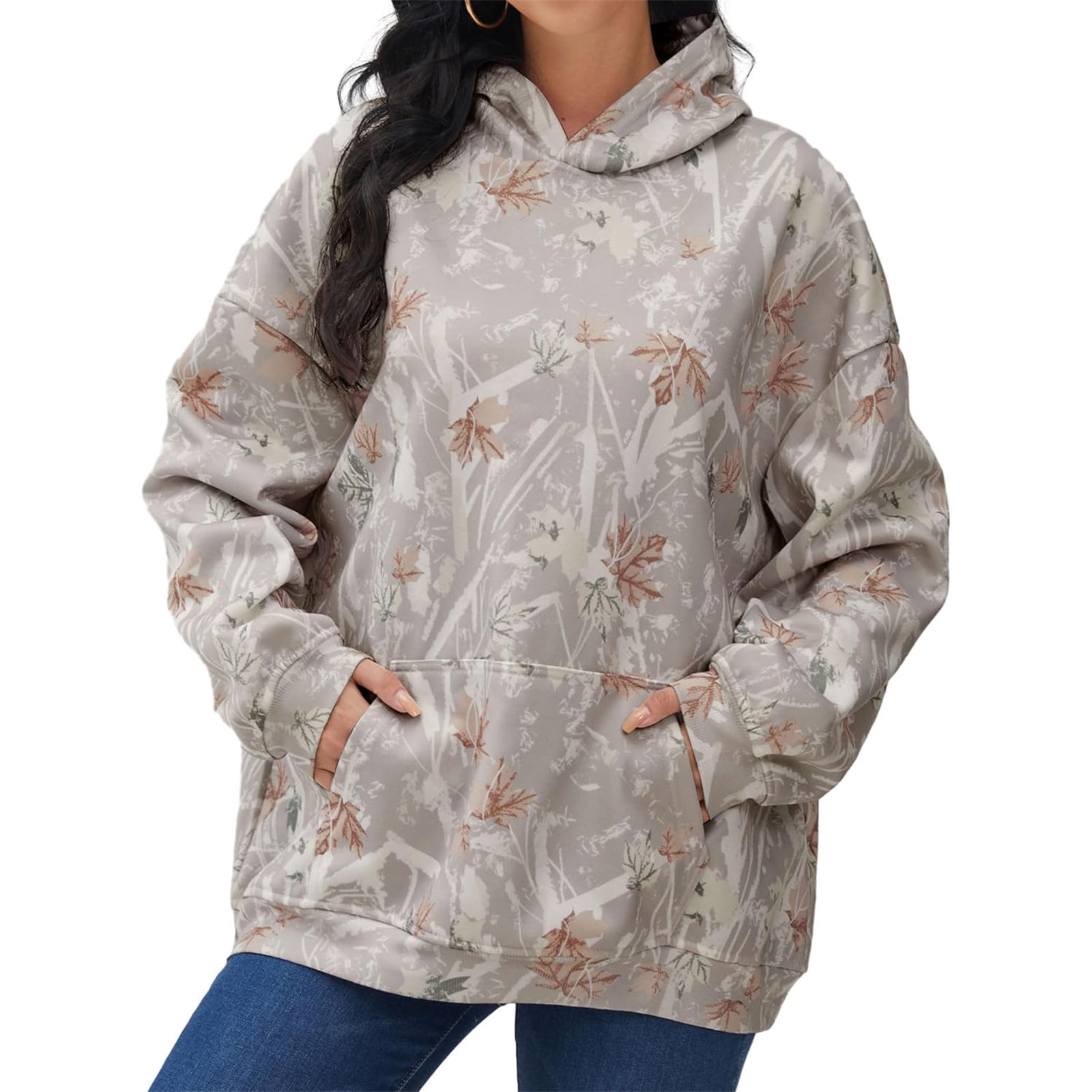 ACCPUR Women's Camo Fleece Sweatshirt - Oversized Maple Leaf Pullover, Long Sleeve Fall/Winter Top