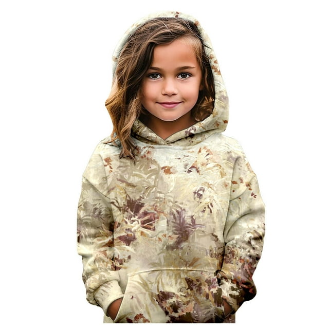 XDDLITP Camo Hoodies for Girls Kids Maple Leaf Graphic Long Sleeve Sweatshirts Oversize Drop Shoulder Cute Pullover with Pockets,Yellow 150