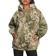 XDDLITP Camo Sweatshirt for Women Maple-Leaf Print Long Sleeved Sweatshirts Plus Size Drop Shoulder Casual Pullover Tops with Pockets Army Green 2XL