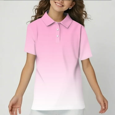 XDDLITP Golf Polo Shirts for Girls Gradient Short Sleeve Lapel Collared Tops Button Up Graphic Collared Tees Loose Fit Blouses,Pink 140(9-10Years)