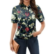 XDDLITP Golf Polo Shirts for Women Floral Print Short Sleeve Lapel Collared Tops Button Down Graphic Collared Tees Casual Clothes,Black S