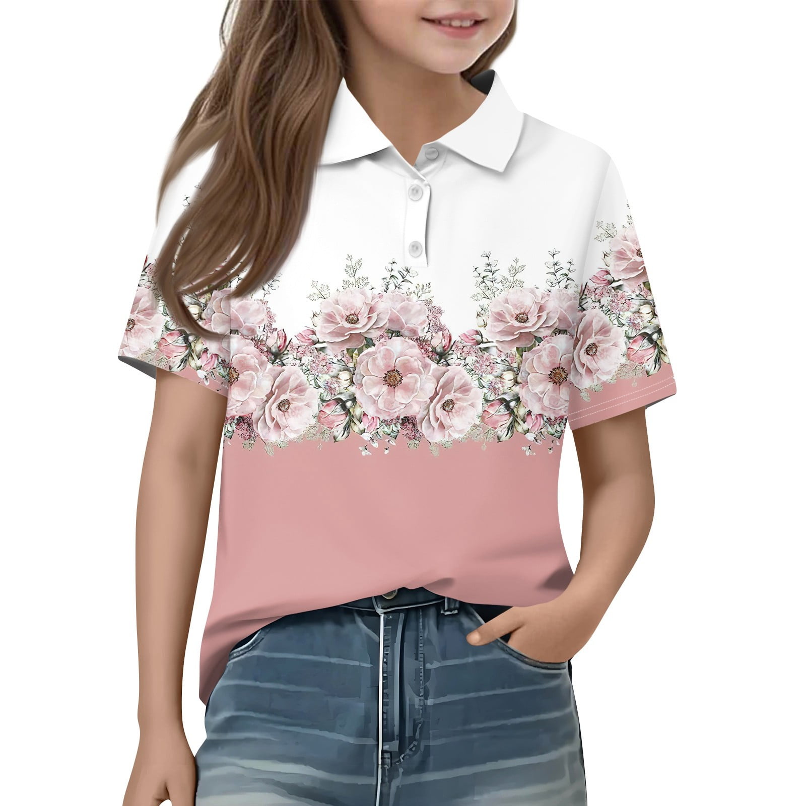 XDDLITP Polo Shirts for Girls Floral Print Short Sleeve Lapel Tops