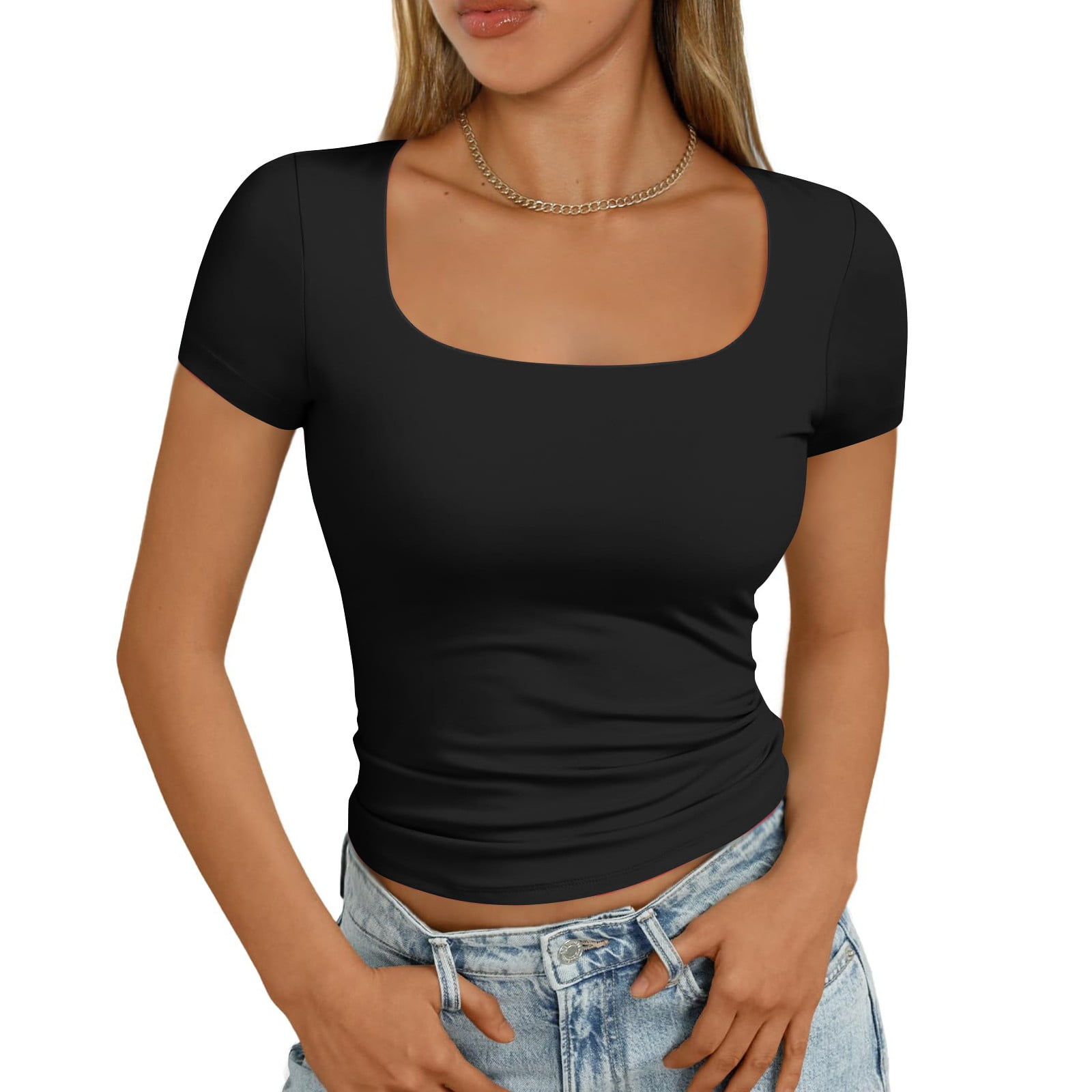 XDDLITP Women's 2025 Summer Short Sleeve Tops Square Neck Solid Color ...