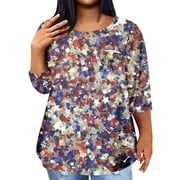 XDDLITP Women's American Flag Plus Size Tops Sexy Summer 3/4 Sleeve Tee Shirt Tops 4th of July Stars Striped Graphic Tees Crew Neck Tunic Shirts Loose Fit Casual Blouses Blue L