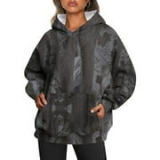 XDDLITP Women's Camo Hoodies Maple Leaf Print Long Sleeved Sweatshirts Oversized Drop Shoulder Loose Fit Pullover Tops with Pockets Dark Gray L