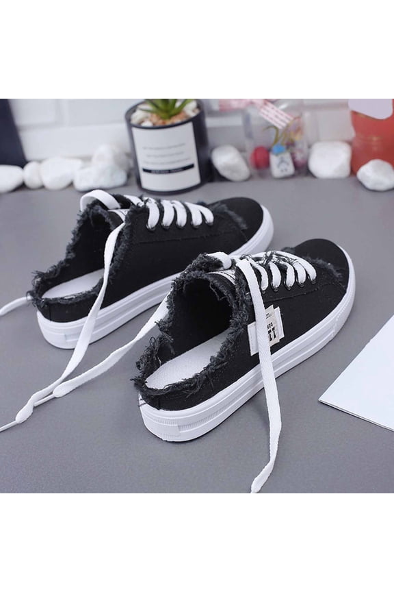Women's Fashion Canvas Sneakers with Denim Low Top & Chunky Bottom - Casual Backless Slip-On Walking Loafers for All-Day Comfort,Black 37(US-6.5)