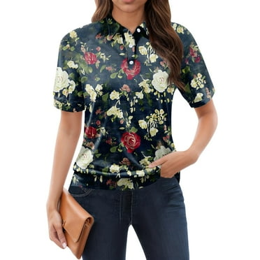 XDDLITP Womens Golf Polo Shirts Short Sleeve Lapel Tees Button Down Collared Tops 2025 Summer Floral Print Graphic Tshirts,Black M