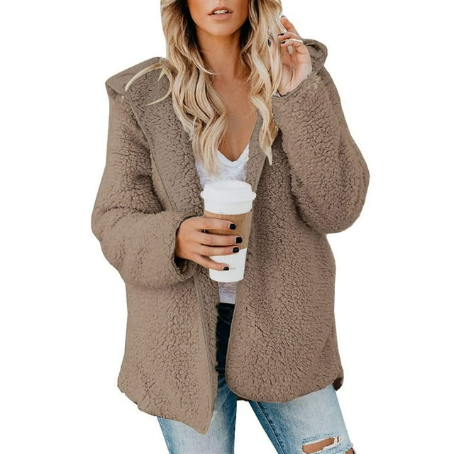 XDDLITP Womens Oversized Sherpa Hoodies Fuzzy Fleece Solid Color Cardigan Long Sleeve Oversized Hooded Sweatshirt Comfy Winter Outerwear with Pockets,Brown 2XL