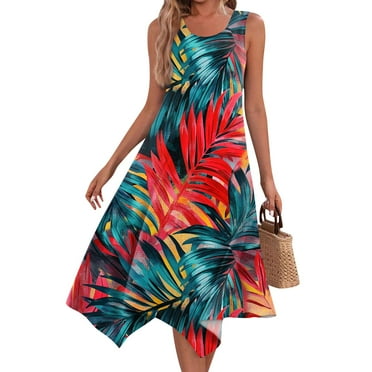 XDDLITP Womens Summer Dresses 2025 Round Neck Sleeveless Dress Floral Print Irregular Hem Midi Tank Dresses with Pockets Casual Midi Dresses,Royal Blue XL