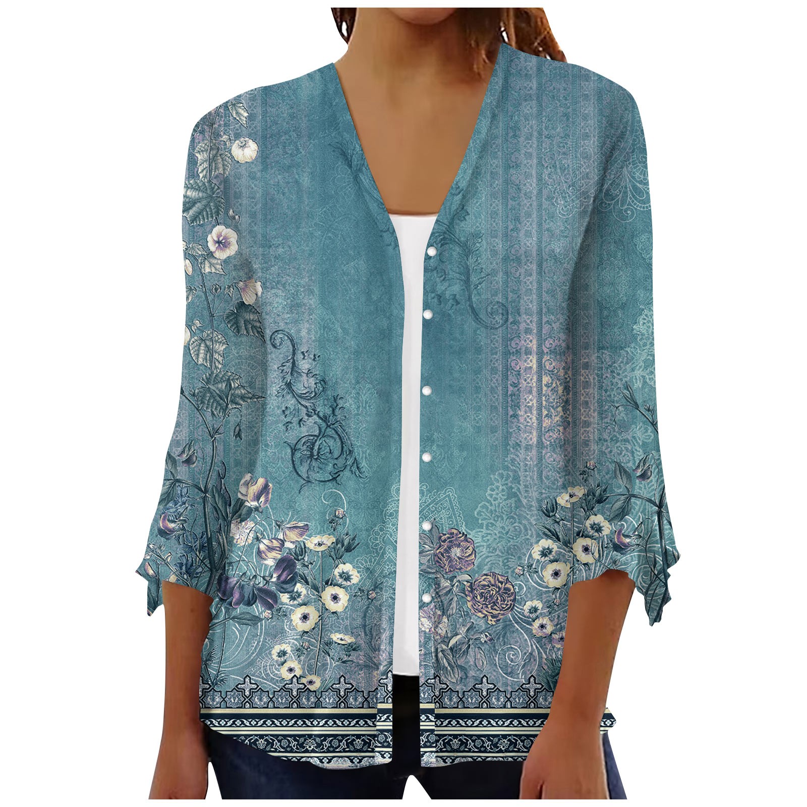 XDDLITP Womens Summer Shrugs or Sweaters 3 4 Sleeve Black Cardigan for Women Lightweight Open Front Shrug Cardigan Floral Print Dressy Draped Oversized Cardigans Blue M Walmart
