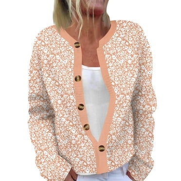 XDDLITP Y2k Flower Print Cardigans for Women Floral Print Long Sleeve Cardigan Sweaters Button Cropped Cardigan Aesthetic 90s Knit Clothes,Orange 2XL
