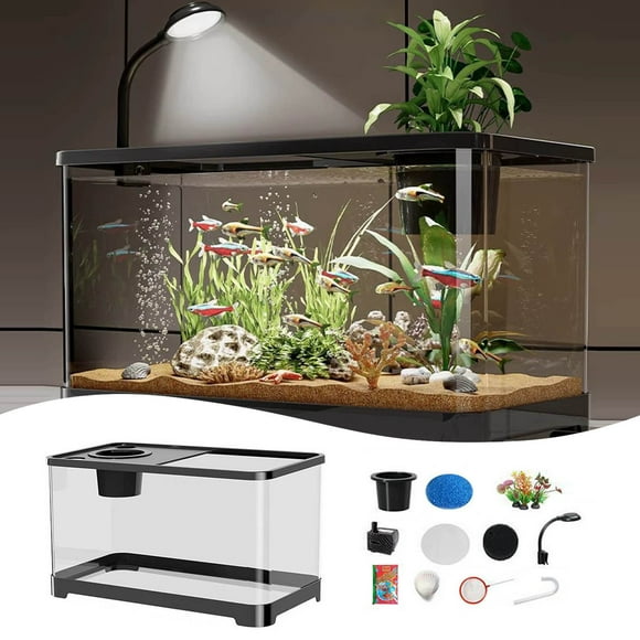 XDDST 18Pcs Fish Tank 4 Gallon Aquarium StarterKit Self Cleaning Fish TankPump with Filteration,Oxygenation,LED Lighting,Fish Aquarium with Decor