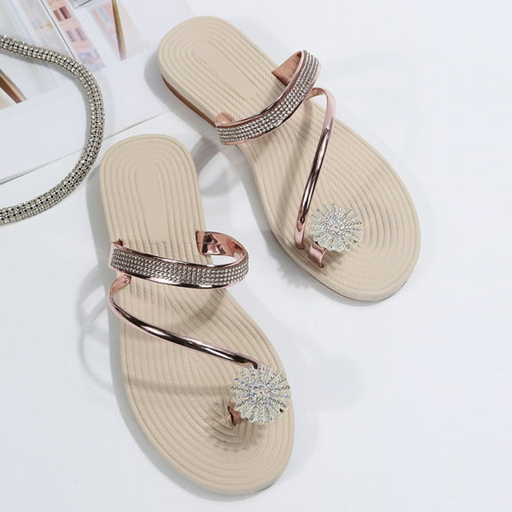 XDDST Beach Sandles Women's Spring and Summer Thong Toe Rhinestone Beach Slippers Flat Outer Wear Casual Classic Sandals