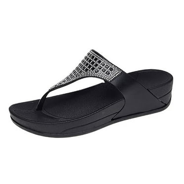 XDDST Black Flip Flops Women Beach Sandals Women's Summer Rhinestone Shiny Thick Bottom Open Finger Comfortable Sandals Slippers Beach Shoes