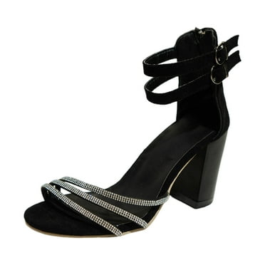 XDDST Black Women Sandals Dressy Ladie Simple Rhinestone Heeled High Heeled Shoes One Strap Buckle Spaghetti Strap Large Size Square Head Sandals