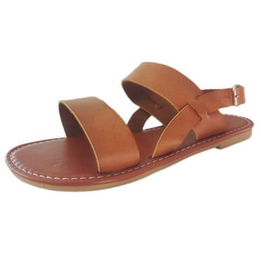 XDDST Brown Womens Sandles Ladies Summer Solid Colour Simple Retro Ankle Strap Round Head Flat Bottom Large Size Sandals Shoes