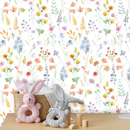 XDDST Children's Watercolor Wild Flowers with Wallpaper Colorful Hand Painted Wildflower Decorative Wallpaper Self 45X200CM