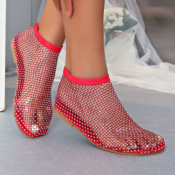 XDDST Comfortable Mesh For Women Fishnet Sandals Low Heel Slip On Rhinestone Shoes
