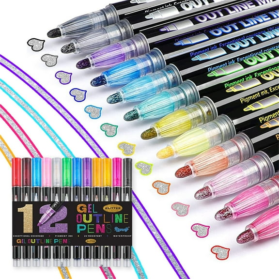 XDDST Diamond Outline Markers Pen 12Pcs Glitter Metallic Markers Self Outline Metallic Glitter Markers Double Line Outline Pens for Doodling Drawing and Calligraphy