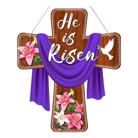 XDDST "He is Risen" Door Sign Decorations 14" Easter Cross Sign Easter Christian Lily Flowers Hanger Decor for Front Door Wall Window Spring Decorations Easter Party
