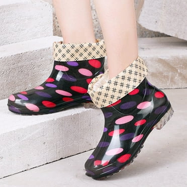 XDDST Large Size Booties for Women Ankle-High Flat Short Tube Women's Rain Boots Fabric Fashionable Rubber Shoes Velvet Slip On Short Water Boots Black