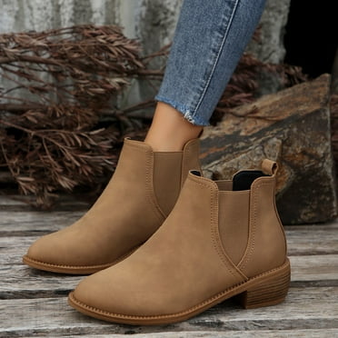 XDDST Large Size Women's Ankle Boots & Booties Ankle-High Flat Large Size Women's Short Boots Thick Heel Round Toe Foreign Trade Women's Boots Women's Boots Brown