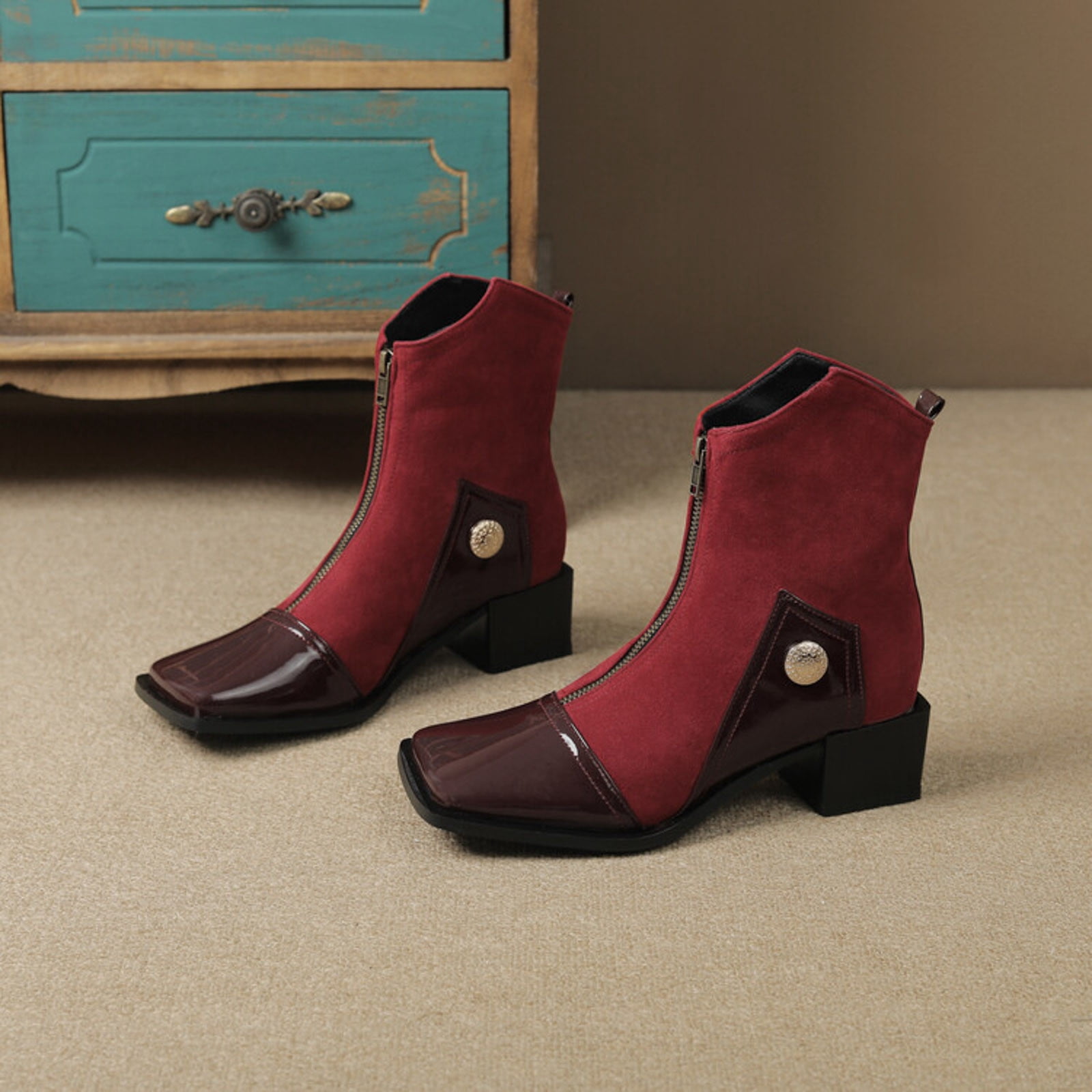 XDDST Large Size Women's Western Boots Ankle-High Medium Heel Ladies ...