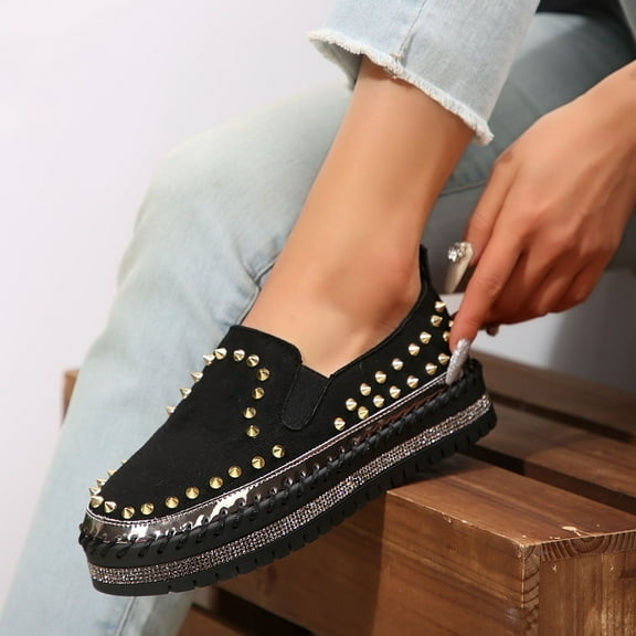 XDDST Low Heel Slip on Dressy Shoe Women's Thick Soled High Heeled Casual with Retro British and Decorative Studs