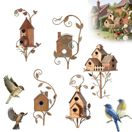 XDDST Metal Birdhouse Wooden Stakes Garden Decoration Birdhouse Ironwork Ornaments