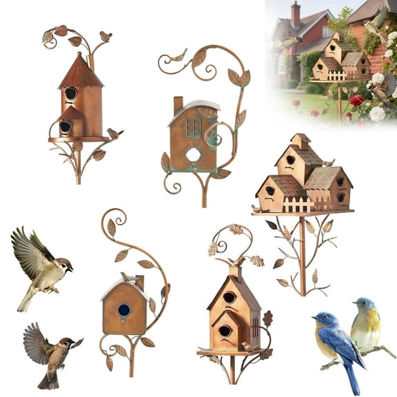 XDDST Metal Birdhouse Wooden Stakes Garden Decoration Birdhouse Ironwork Ornaments