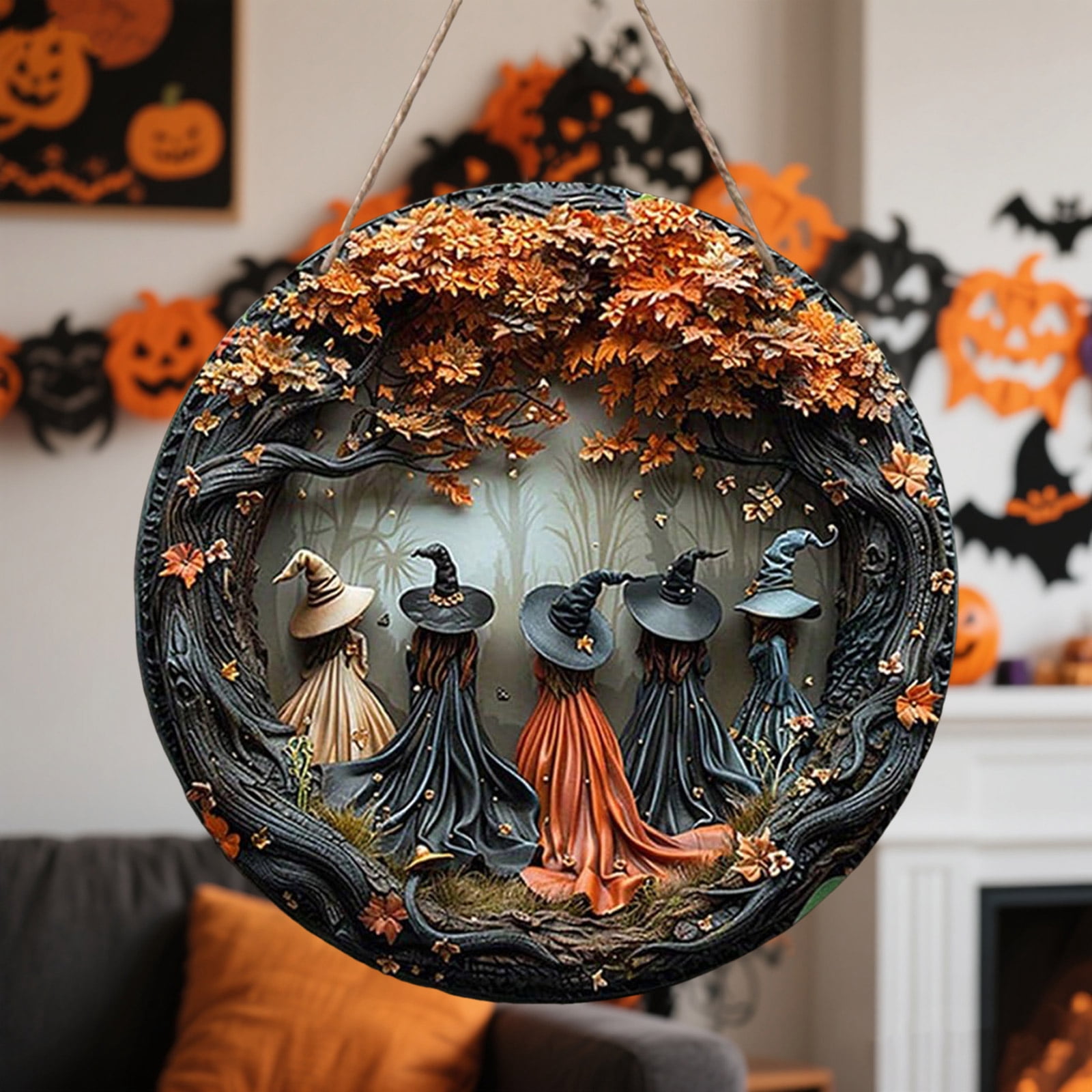 XDDST Round Halloween Door Sign Made Of Wood 2d Witch Pattern Wooden ...
