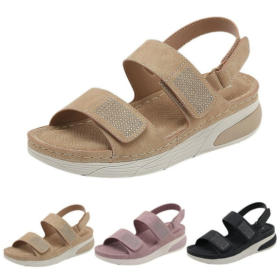 XDDST Sandals for Women 2025 Fashion Spring and Summer Women Sandals Flat Bottom Thick Bottom Light Open Toe Breathable Comfortable Solid Color Rhinestone Hook Loop