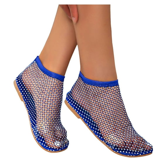 XDDST Sandals Women Comfortable Mesh for Women Fishnet Sandals Low Heel Slip On Rhinestone Shoes