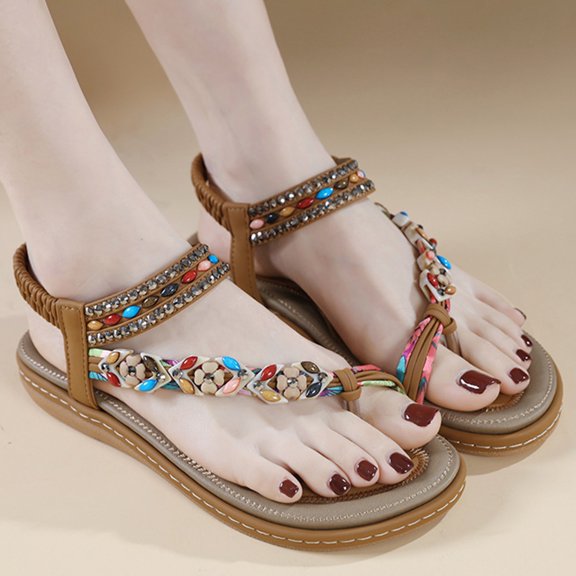 XDDST Sandals Women Dressy Sandals Rhinestones Comfortable Round Toe Flat Bottomed Sandals Women's Casual Shoes