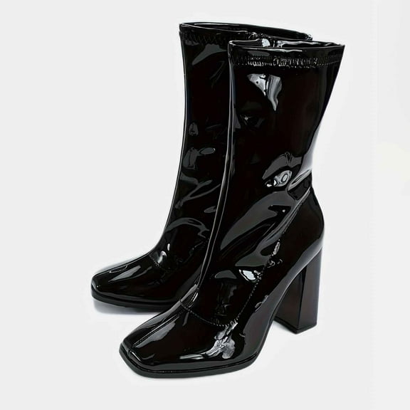 XDDST Western Ankle Boots for Women Womens Square Toe Mid Calf Booties Leather High Block Heel Side Zipper Ankle Boots