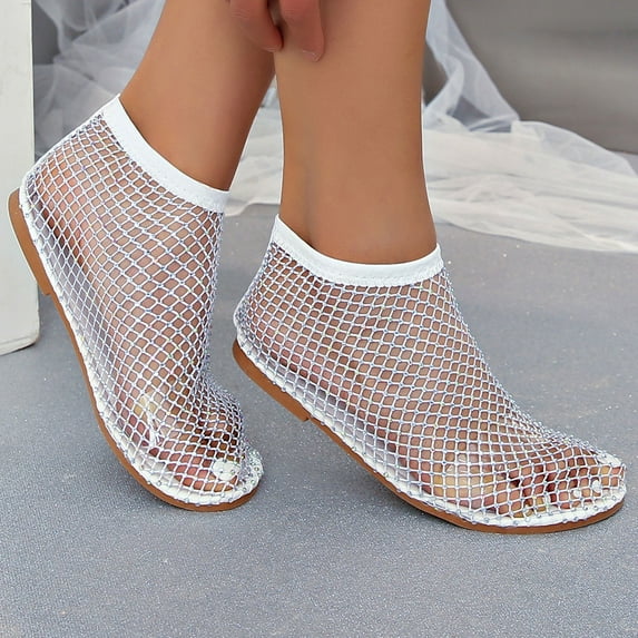 XDDST Women Sandals Dressy 2025 Womens New Shoes Comfortable Mesh for Women Fishnet Sandals Low Heel Slip On Rhinestone Shoes