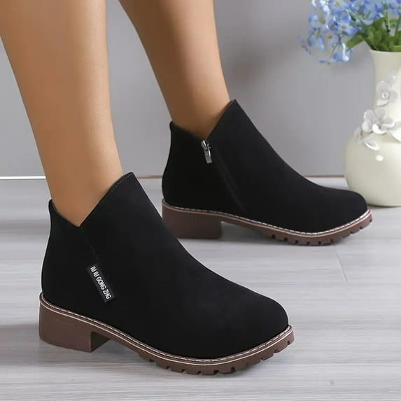 XDDST Women's Booties Ankle-High Flat Fashion Women Low Ankle Trim Round Toe Ankle Leather Boots Casual and Ladies Shoes Leisure Black