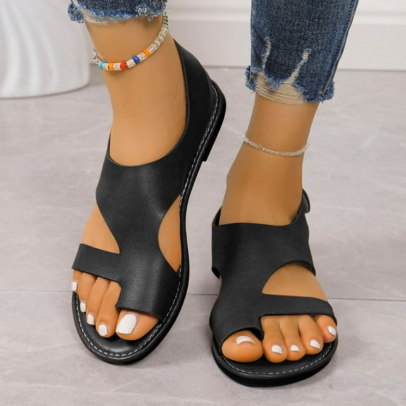 XDDST Women's Casual Flat Sandals Pure Color Casual Flat Sandals Open Toe Ring Loop Strap Flip Flops Summer Ring Toe Flat Shoes Beach Shoes