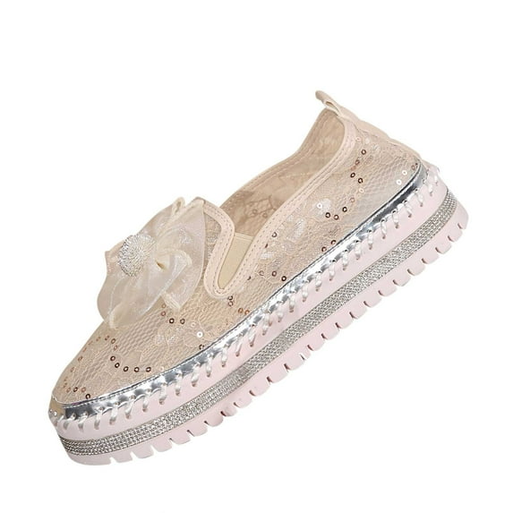 XDDST Women's Casual Shoes Women's Platform Rhinestones Glitter Sneakers Fashion Cute Bow Comfy Breathe Canvas Hand Stitching Slip On Casual Walking Flat Loafers