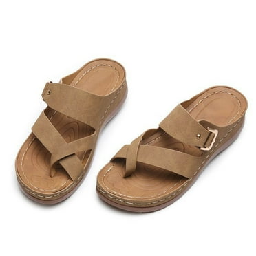 XDDST Women's Sandals Dressy Flip Flops Flat Wedge Heel Slippers Slip On Toe Belt Buckle Decorated Casual Slippers Brown