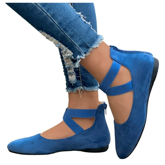XDDST Women's Shoes Flat Women's Comfortable Ballet Flat Shoes with Ankle Wrap and Elastic Straps Lightweight Slip On Evening Wedding Shoes Blue