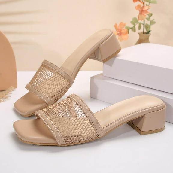 XDDST Women's Square Open Toe Heels Mesh Sandals Low Block Sandals Square Toes And Thick Heels Slip on Mules Comfortable