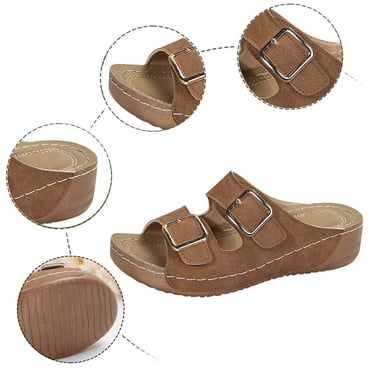 XDDST Women's Summer Fashion Open Toe Slippers Platform One Line Buckle Beach Sandals Brown