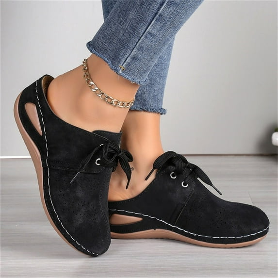 XDDST Womens Casual Shoes Medium Heel Casual Closed Toe Half Slippers for Women Lace Up Wedge Heels European Large Size Hollow Slippers Black