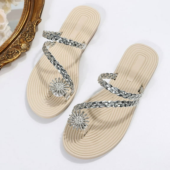 XDDST Womens Sandals 2025 Spring and Summer Women's Rhinestone Slip On Flat Slippers for Beach Casual Large Size Sandals