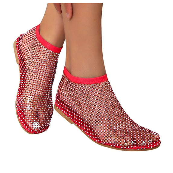 XDDST Womens Sandles 2025 Womens New Shoes Comfortable Mesh for Women Fishnet Sandals Low Heel Slip On Rhinestone Shoes