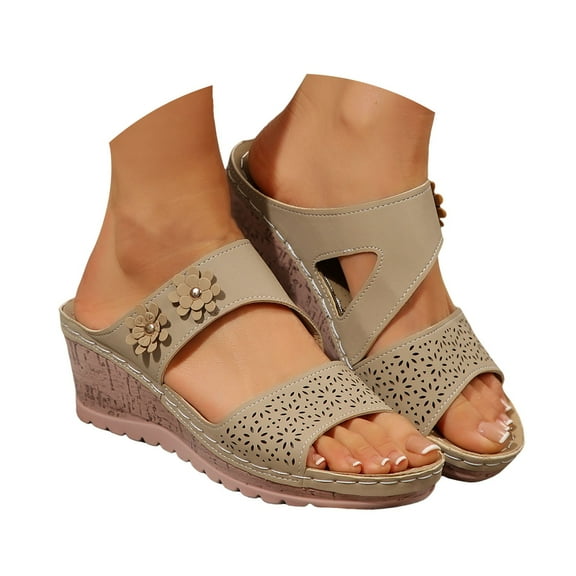 XDDST Womens Sandles Women's Slope Heel Thick Bottom Height Enhancement One Foot Stirrup Flower Decoration Fashion Outer Wear Sandals